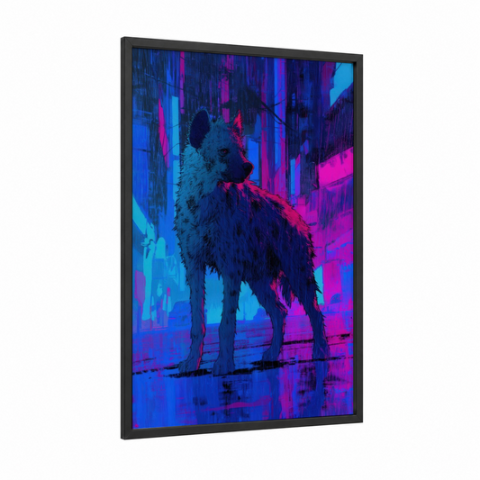 Neon Hyena framed art print — black wood frame — blue and magenta palette