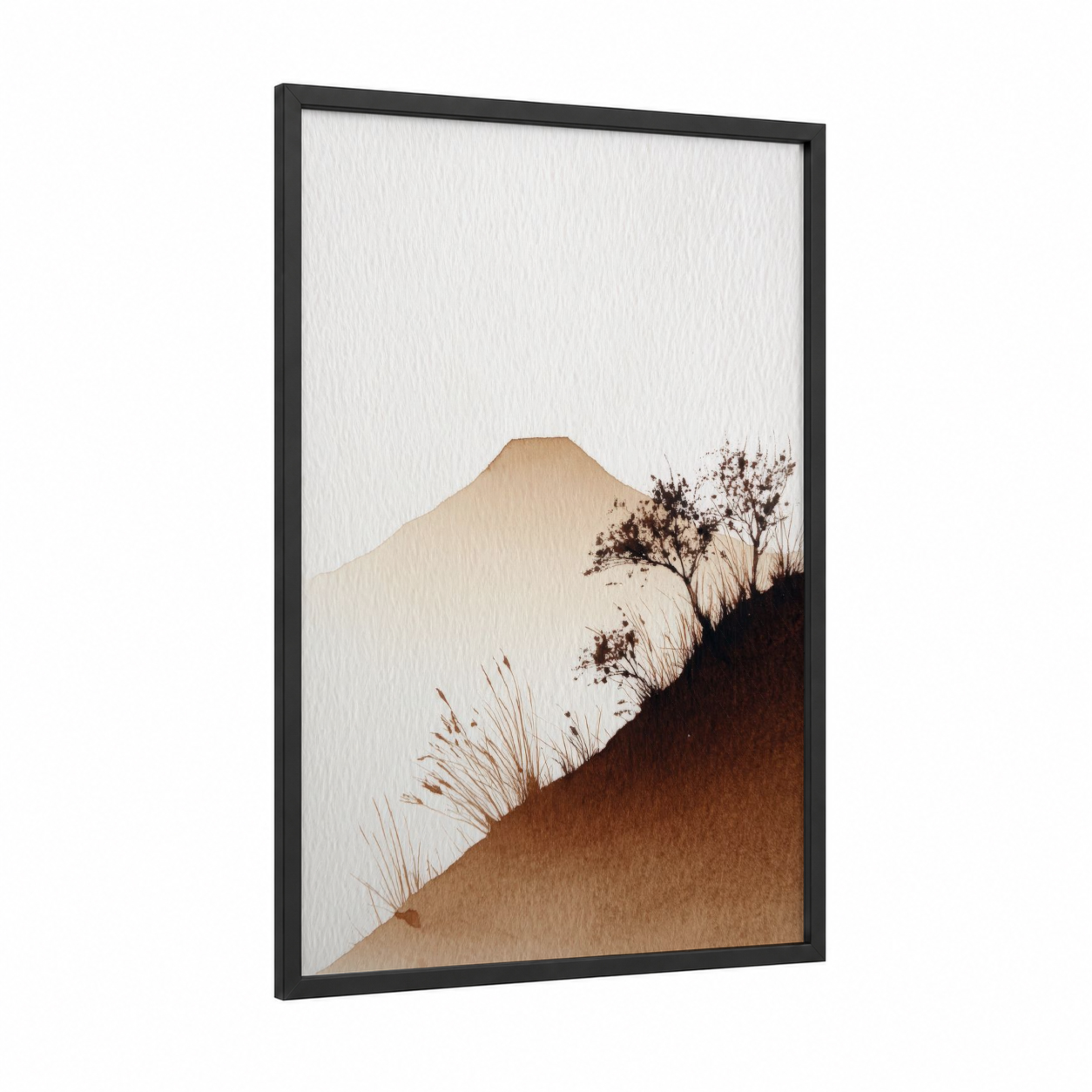 Mountain Solitude framed abstract minimalist print — black wood frame — beige and brown palette