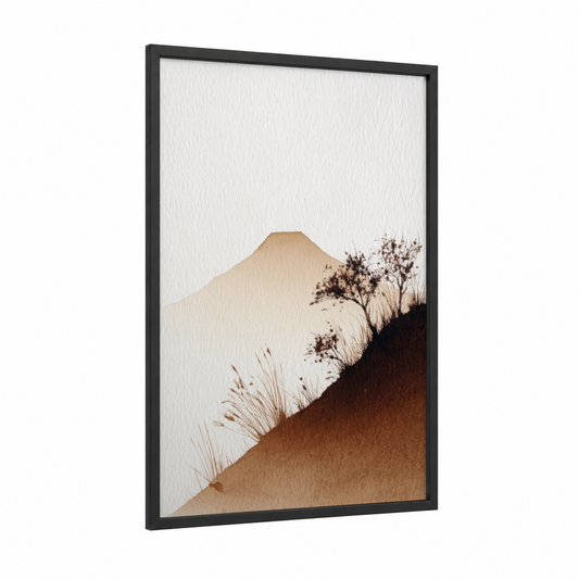 Mountain Solitude framed abstract minimalist print — black wood frame — beige and brown palette