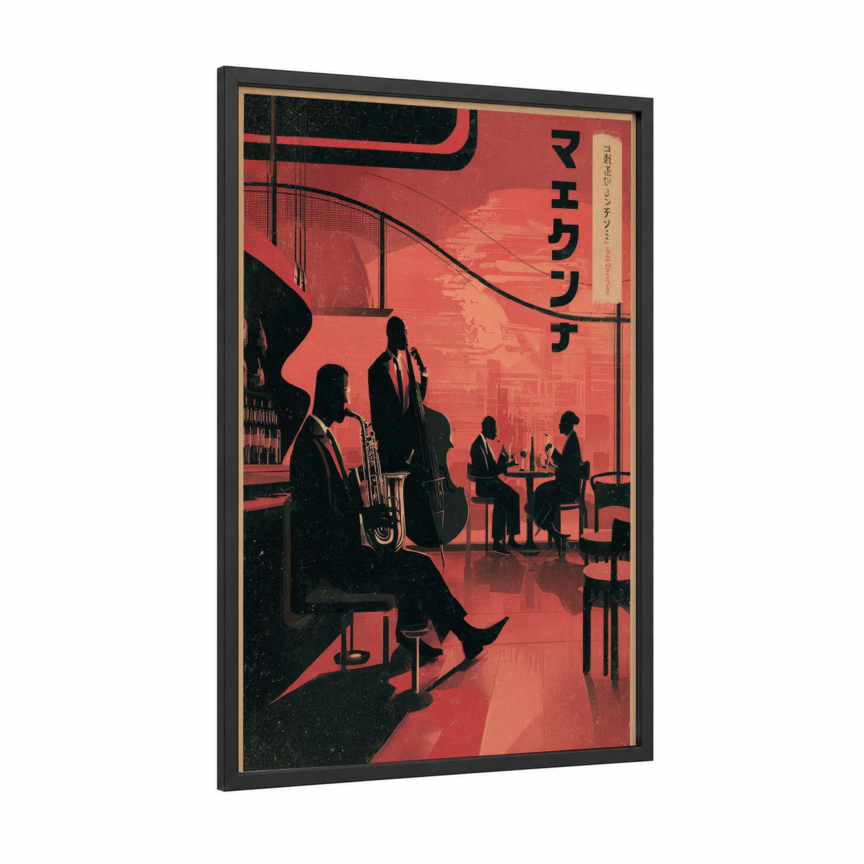 Jazz Club Silhouettes framed vintage japanese ads print — black wood frame — red and black palette