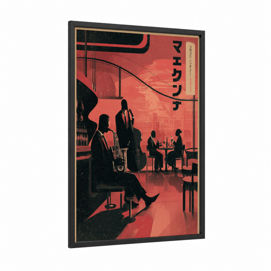 Jazz Club Silhouettes framed vintage japanese ads print — black wood frame — red and black palette