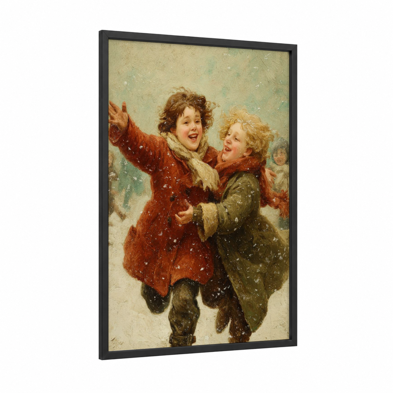 Snowy Joy Children framed winter print — black wood frame — russet and olive palette