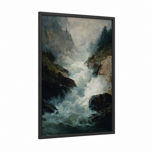 Mountain Cascade framed waterfall print — black wood frame — gray and teal palette