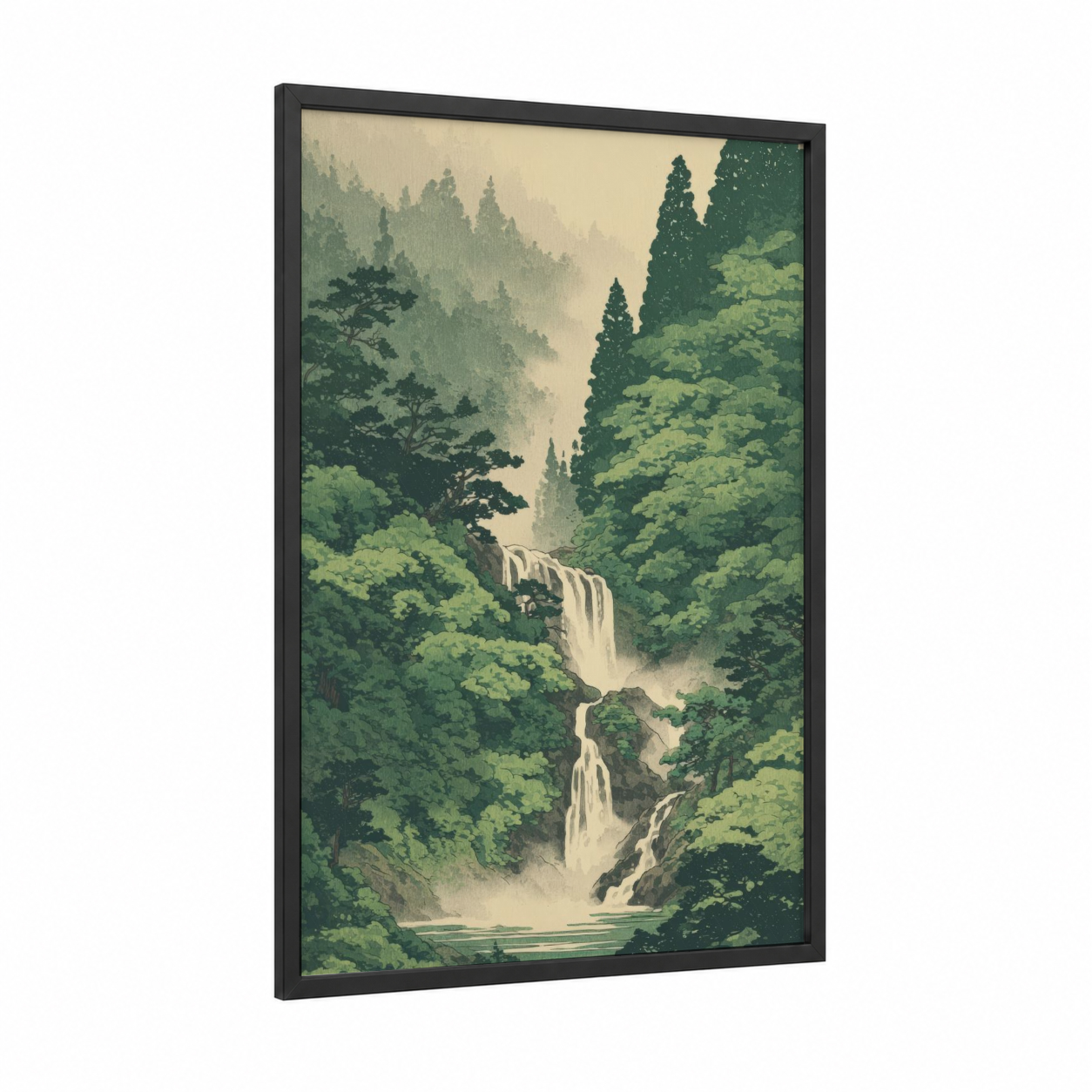 Misty Forest Waterfall framed art print — black wood frame — green and cream palette