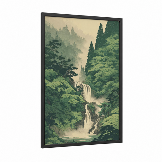 Misty Forest Waterfall framed art print — black wood frame — green and cream palette