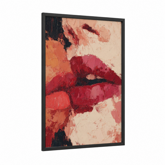 Crimson Lip Abstract framed art print — black wood frame — red and peach palette