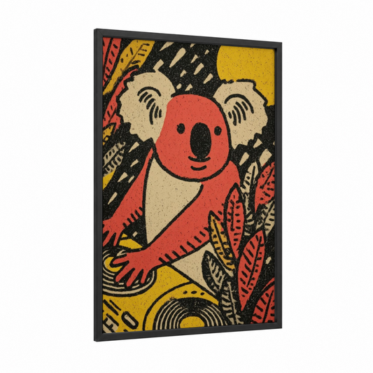 Red Koala Leaves framed art print — black wood frame — red and mustard palette