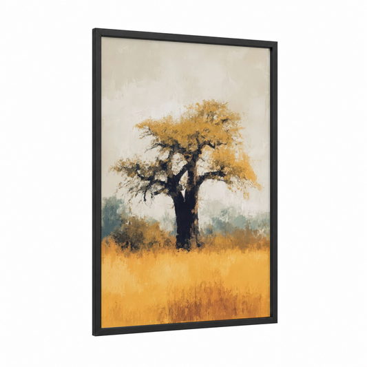 Golden Baobab framed baobab tree print — black wood frame — yellow gold and sage green palette