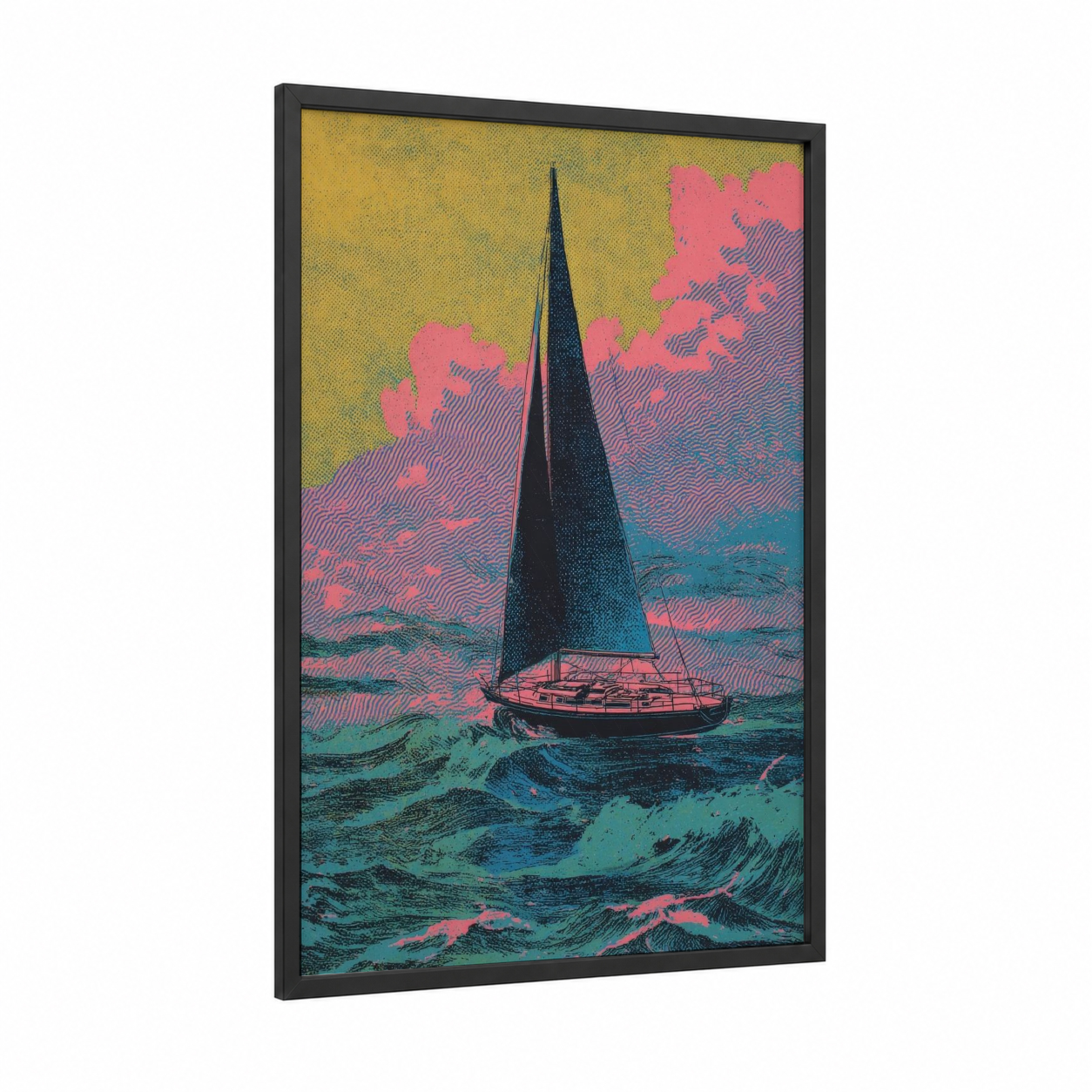 Neon Sailboat framed sailing ship print — black wood frame — pink and teal palette