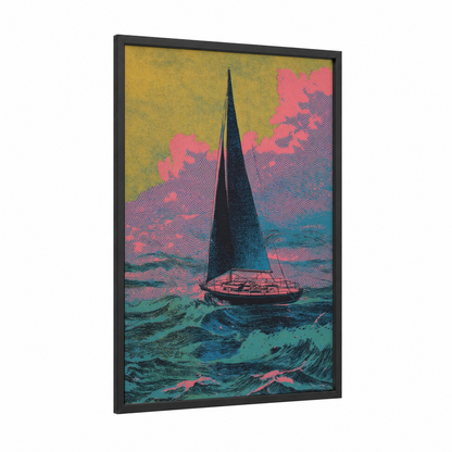 Neon Sailboat framed sailing ship print — black wood frame — pink and teal palette