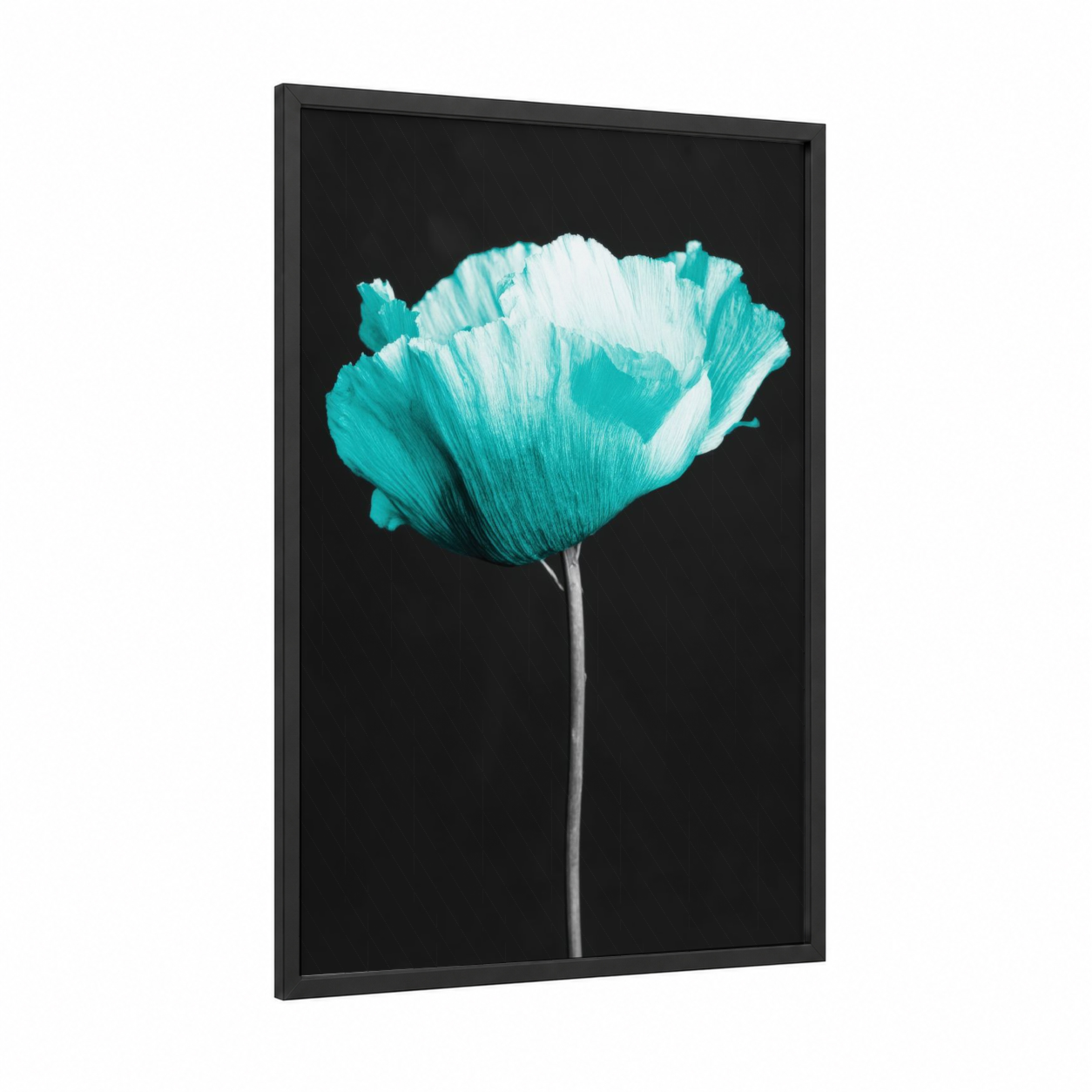 Turquoise Bloom framed abstract flower print — black wood frame — turquoise and black palette
