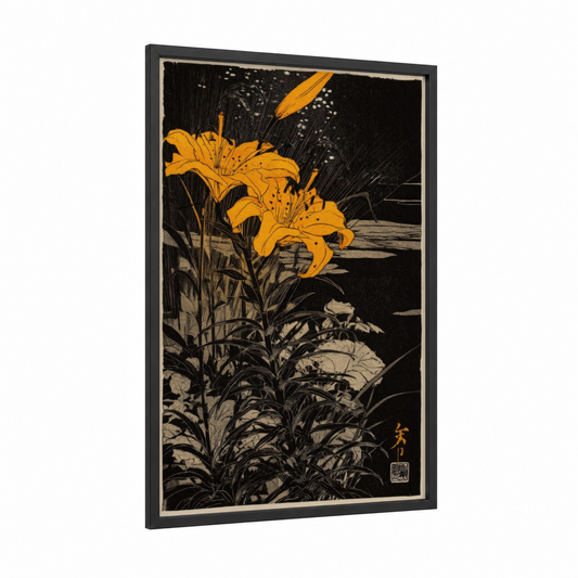 Golden Amarillys Night framed art print — black wood frame — gold and black palette