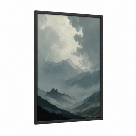 Mountain Storm framed art print — black wood frame — gray and white palette
