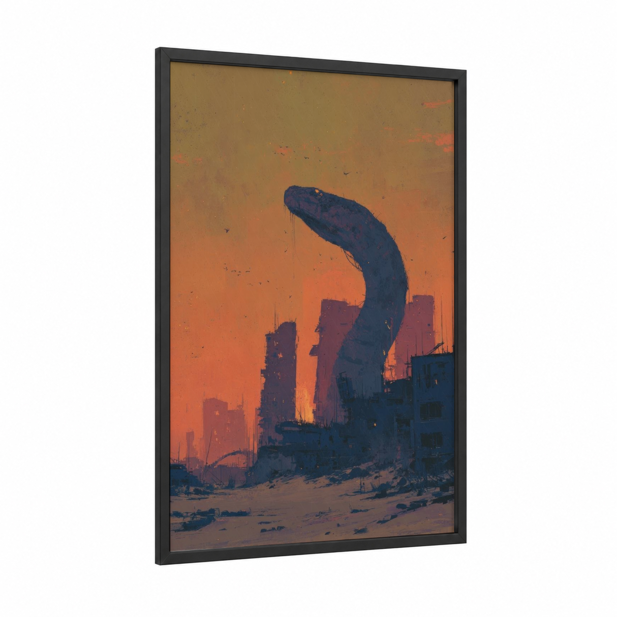 Apocalyptic Cobra framed art print — black wood frame — orange and blue palette