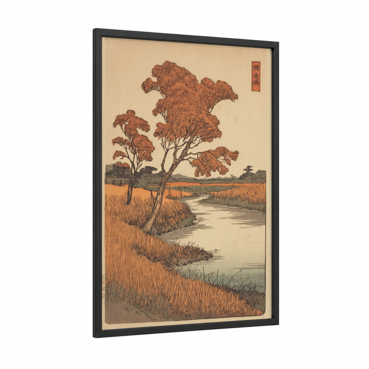Autumn Riverside Grass framed art print — black wood frame — russet and cream palette