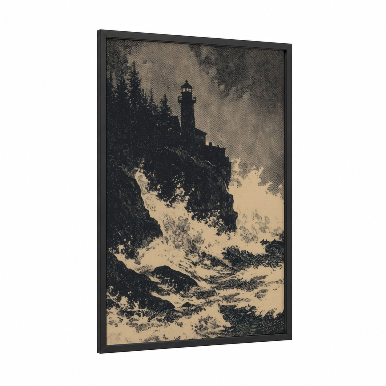 Cliff Lighthouse framed port print — black wood frame — black and white and cream palette