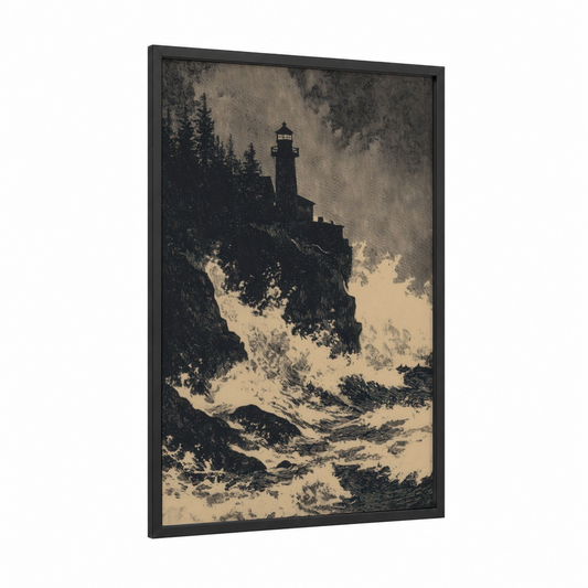Cliff Lighthouse framed port print — black wood frame — black and white and cream palette