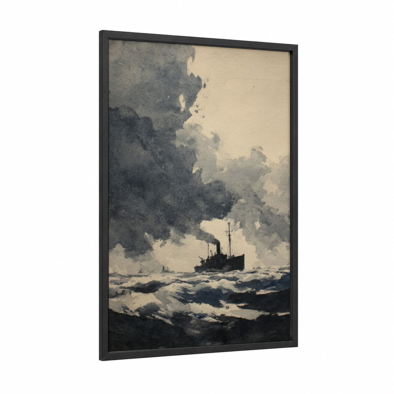Stormy Harbor Vessel framed port print — black wood frame — gray and cream palette