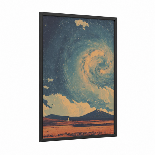 Cosmic Mountain framed galaxy print — black wood frame — gold and teal palette