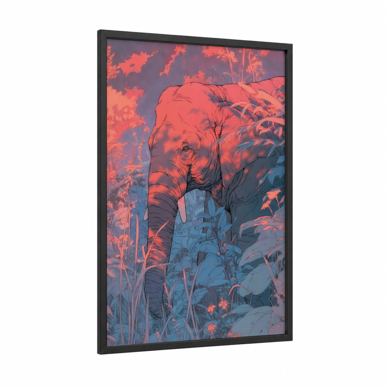 Sunset Elephant framed asian elephant print — black wood frame — orange and blue palette
