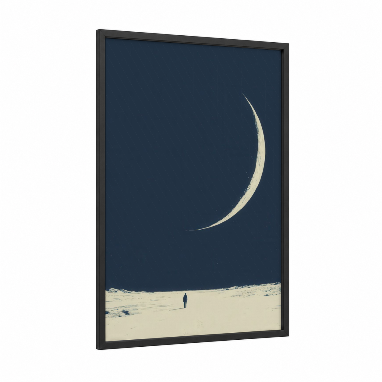 Crescent Solitude framed extraterrestrial print — black wood frame — dark blue and cream palette