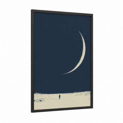 Crescent Solitude framed extraterrestrial print — black wood frame — dark blue and cream palette