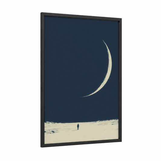 Crescent Solitude framed extraterrestrial print — black wood frame — dark blue and cream palette