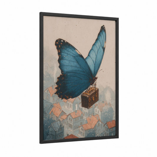 Teal Butterfly Journey framed art print — black wood frame — teal and peach palette