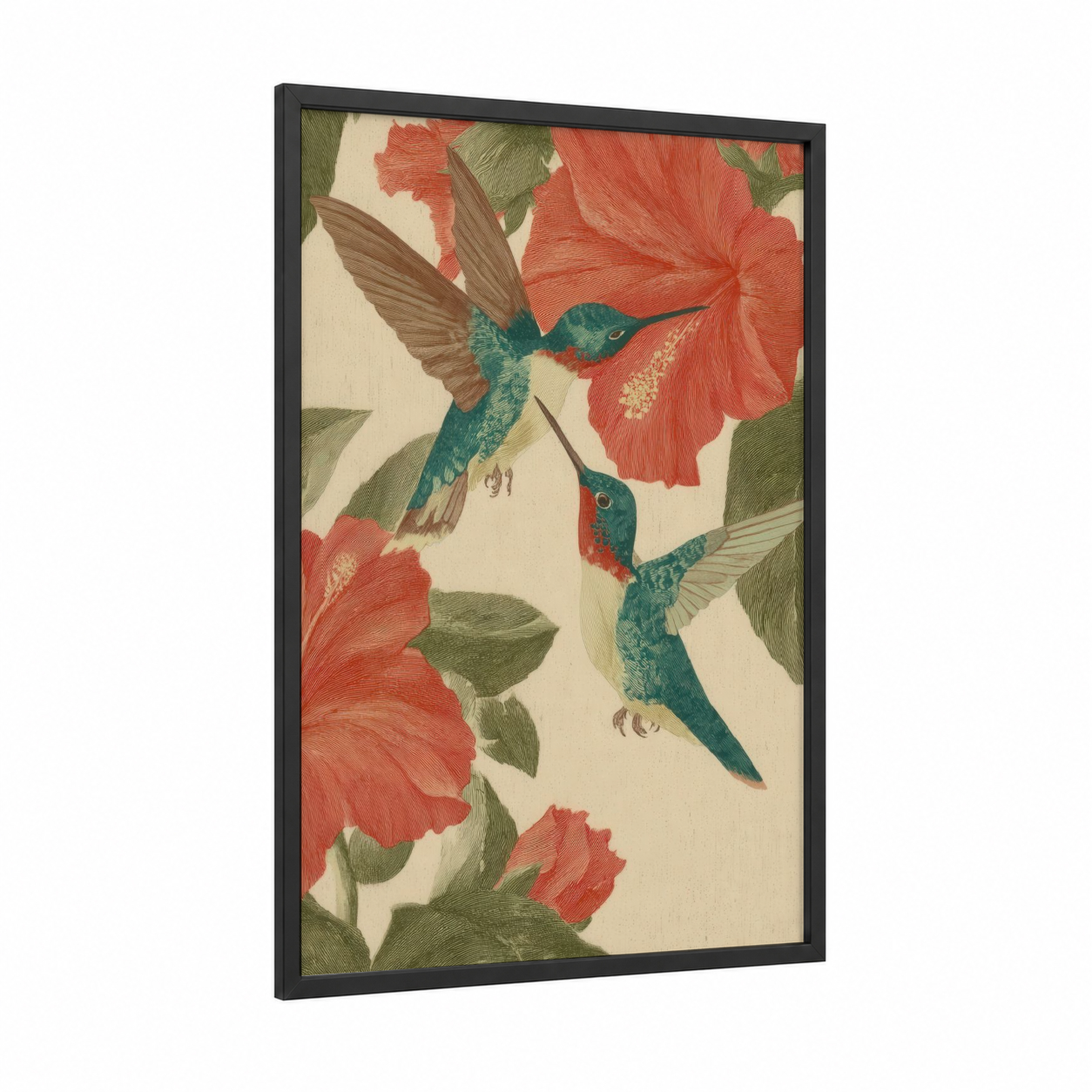 Hummingbird Romance framed animals in love print — black wood frame — red and teal palette