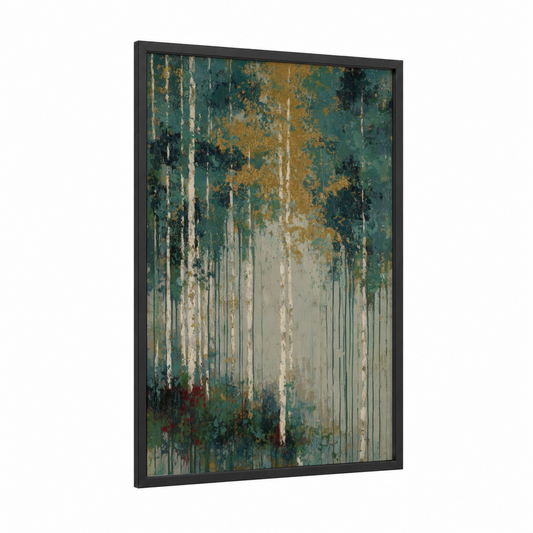 Misty Birch Forest framed birch tree print — black wood frame — teal and cream palette