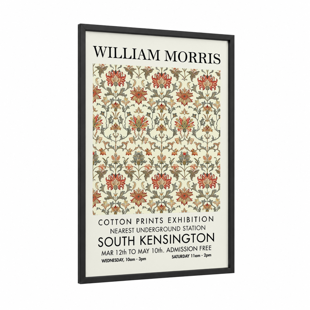 Ornate Floral Damask framed abstract flower print — black wood frame — cream and red palette