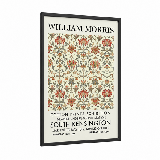 Ornate Floral Damask framed abstract flower print — black wood frame — cream and red palette