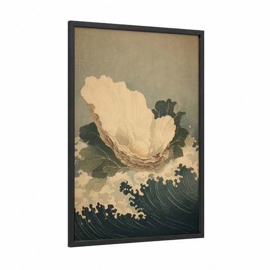 Pearlescent Oyster Shell framed art print — black wood frame — cream and teal palette