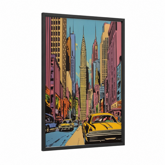 Manhattan Street Scene framed comic books print — black wood frame — yellow gold and pink palette