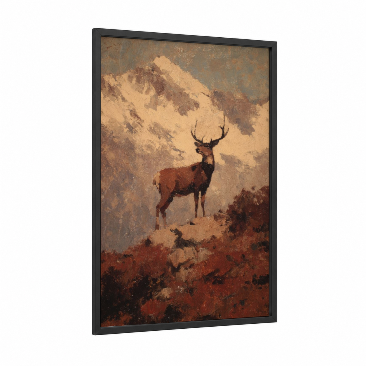 Alpine Reindeer framed art print — black wood frame — russet and cream palette