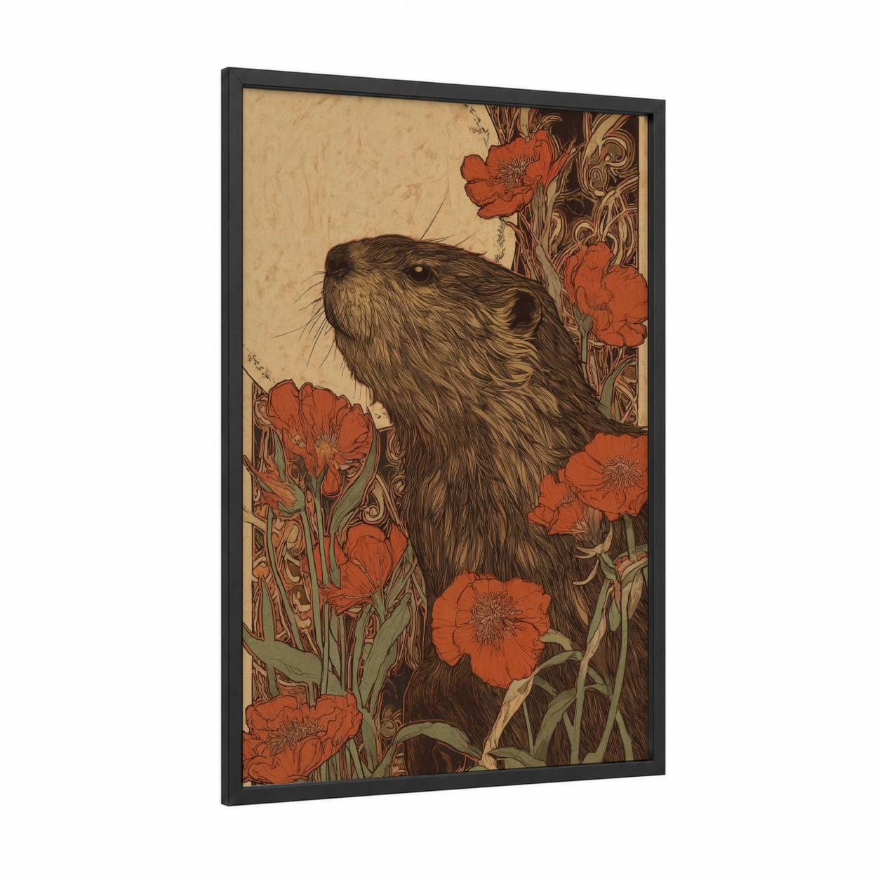 Poppy Beaver framed art print — black wood frame — gold and red palette