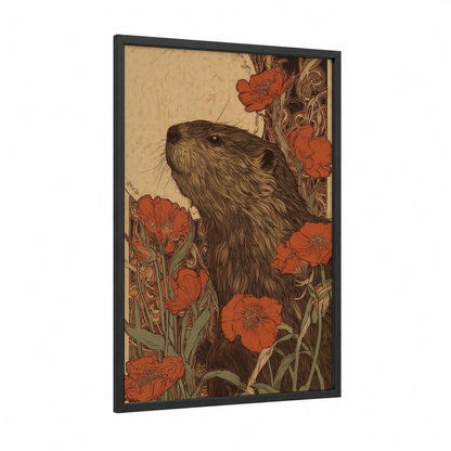 Poppy Beaver framed art print — black wood frame — gold and red palette