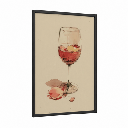 Rosé Wine Petals framed rose wine print — black wood frame — salmon pink and cream palette