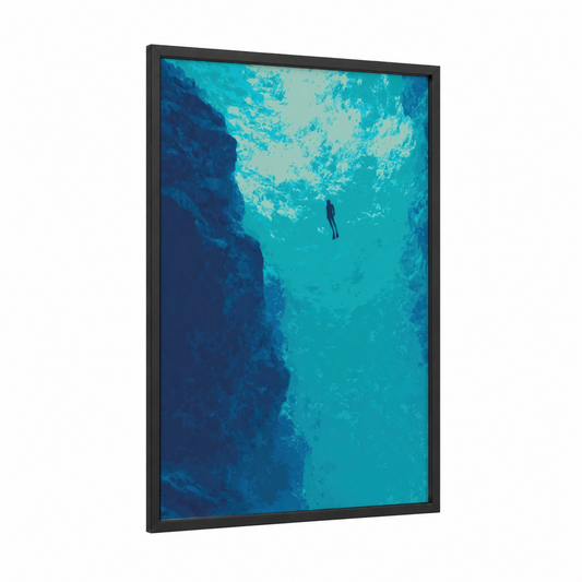 Deep Blue Descent framed diving print — black wood frame — blue and teal palette