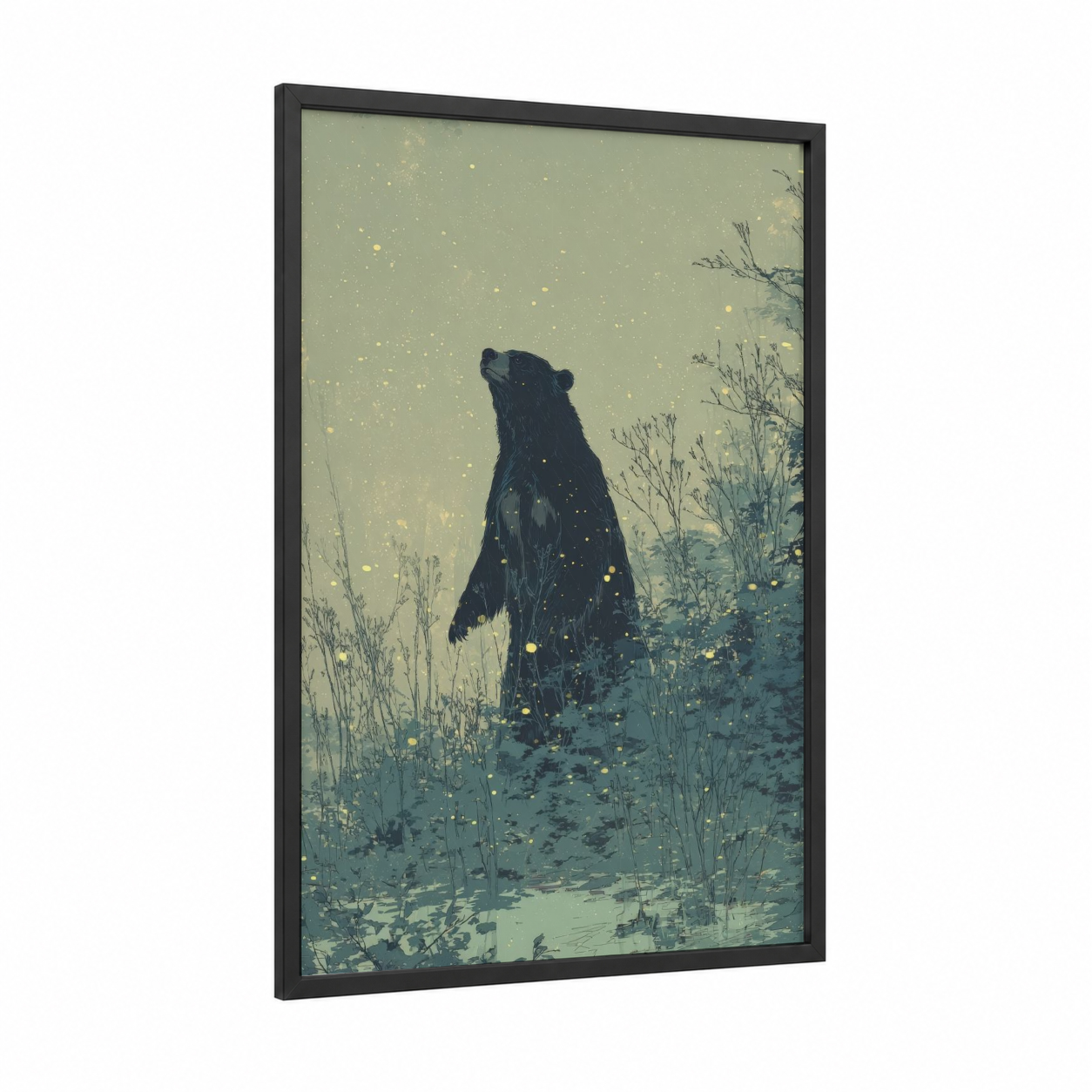 Nocturnal Sloth Bear framed art print — black wood frame — sage green and gold palette