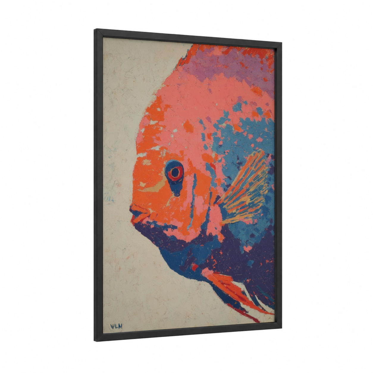Vibrant Discus Fish framed art print — black wood frame — orange and blue palette