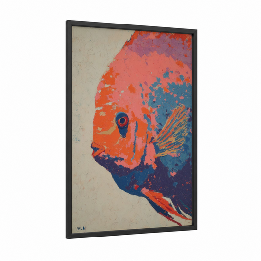 Vibrant Discus Fish framed art print — black wood frame — orange and blue palette