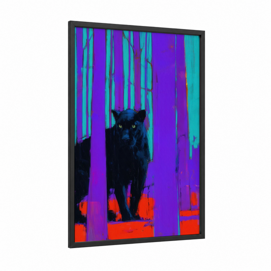 Neon Panther framed art print — black wood frame — purple and turquoise palette