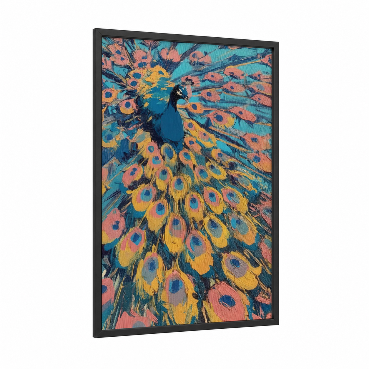 Vibrant Peacock Display framed art print — black wood frame — teal and orange palette