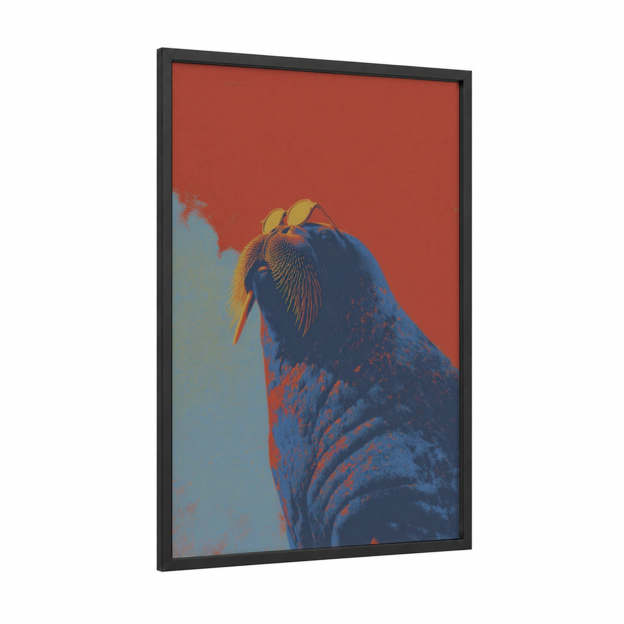 Cool Walrus framed art print — black wood frame — red and blue palette