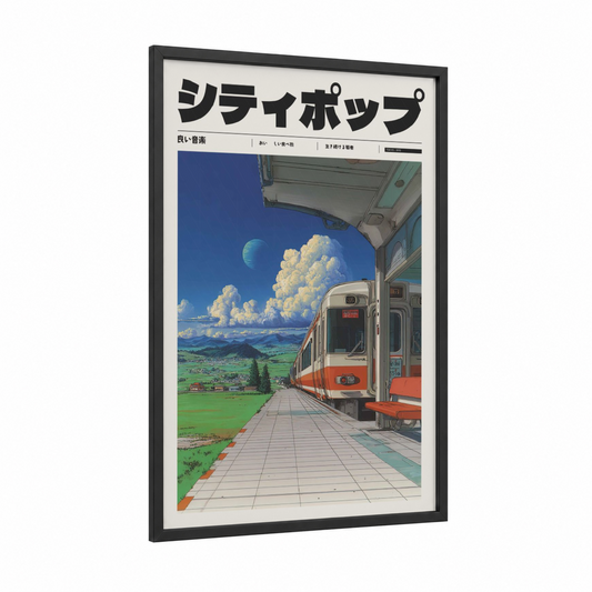Retro Train Station framed anime and manga print — black wood frame — blue and green palette