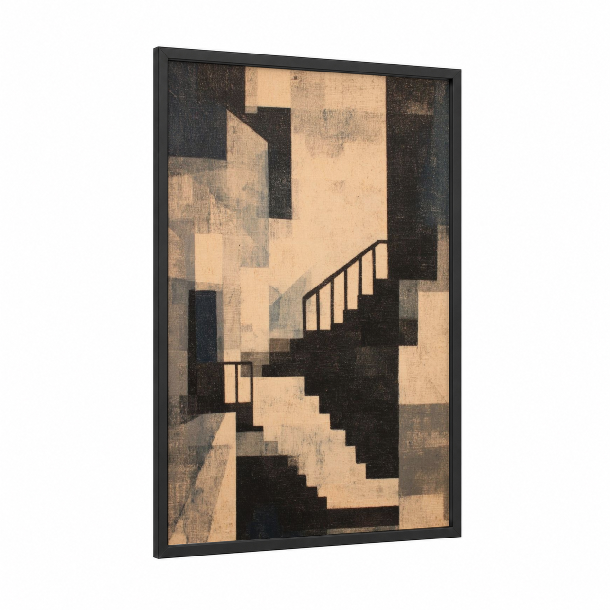 Geometric Staircase framed art print — black wood frame — black and white and cream palette