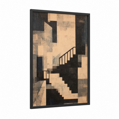 Geometric Staircase framed art print — black wood frame — black and white and cream palette