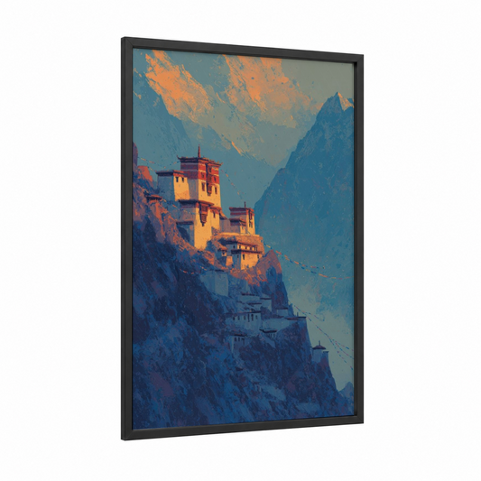Golden Monastery Peak framed art print — black wood frame — blue and gold palette