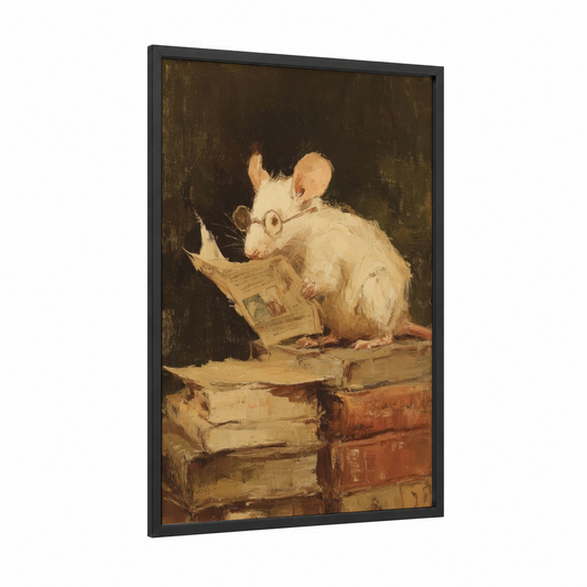Scholarly Mouse framed mice print — black wood frame — cream and russet palette